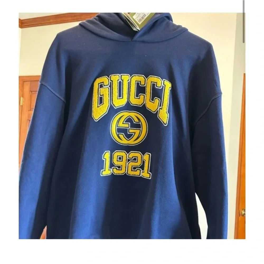 Gucci cotton jersey, hooded sweatshirt with yellow logo, embroidery size L